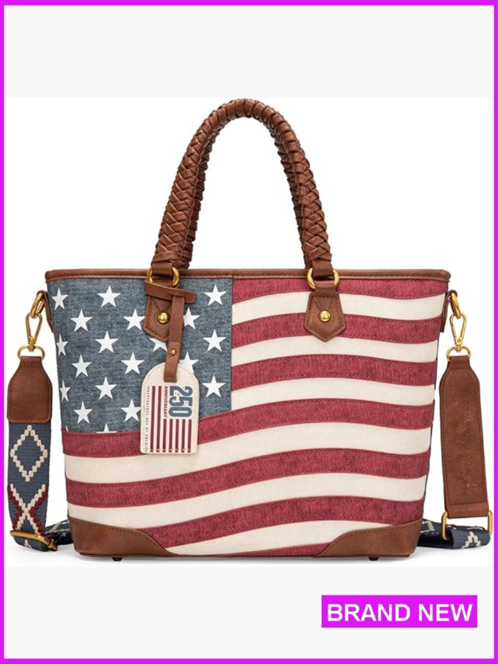 Vintage Patriotic Western Tote Bag Braided Handles Crossbody Shoulder Purse